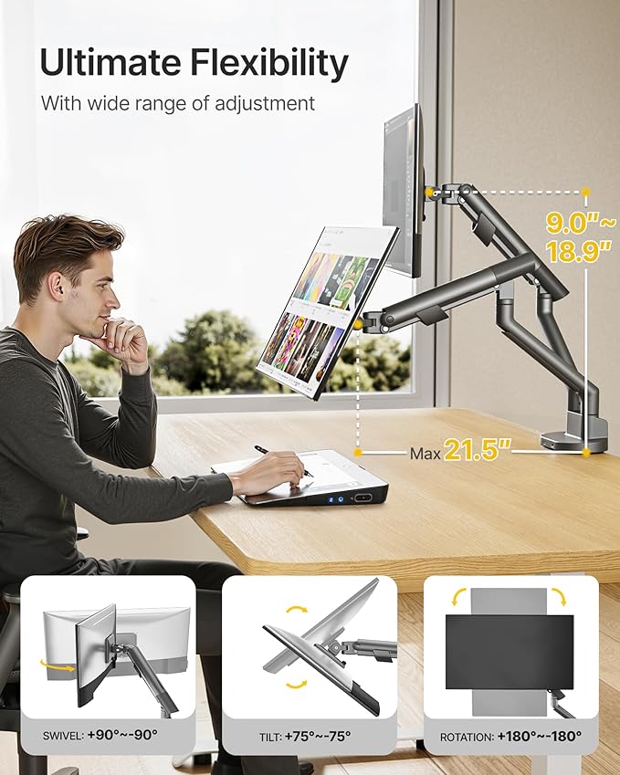 monTEK Dual Monitor Stand Mount with USB for Up to 35" Screens, Each Arm Holds Max 24.3lbs, Full Motion Adjustable Monitor Arm Desk Mount with C-Clamp/Grommet, VESA 75/100mm, Space Gray