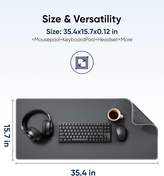 Waterproof Large Gaming Mouse Pad with Durable Stitched Edges, Non-Slip Rubber Base, Grainy Jacquard Mouse Mat Desk Pad for Home Office Gaming, 35.4''x15.7''x0.12'', Matte Gray