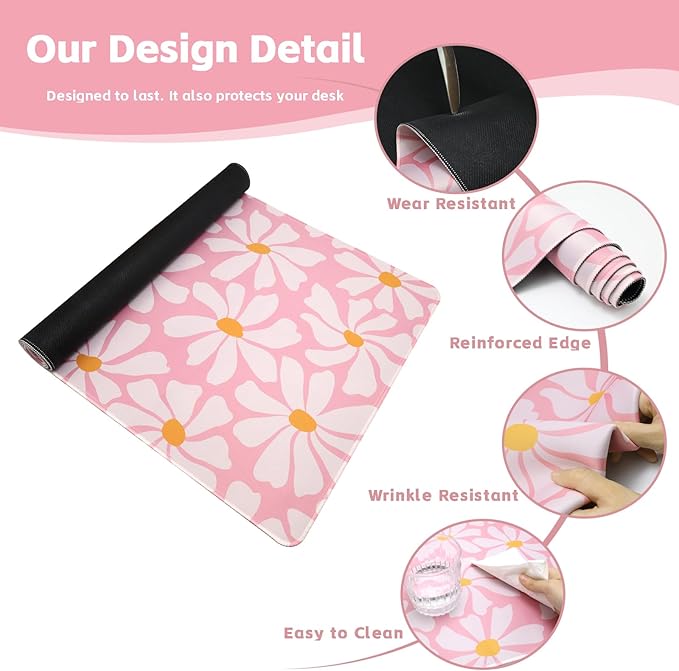 Baziabbo Pink Desk Mat,XXL Extended Large Mouse Pad,Gaming Mousepad with Stitched Edge,Non-Slip Rubber Base Keyboard Desk Pad for Home Office Study Game (Pink Flowers)