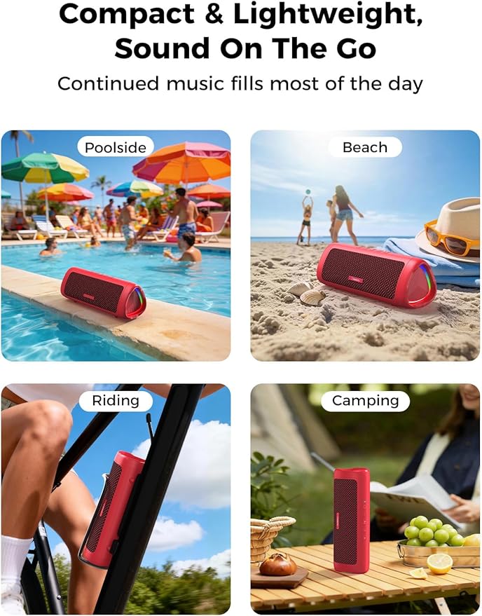 Bluetooth Speaker with HD Sound, Portable Wireless, IPX5 Waterproof, Up to 20H Playtime, TWS Pairing, BT5.3, for Home/Party/Outdoor/Beach, Electronic Gadgets, Birthday Gift (Red)