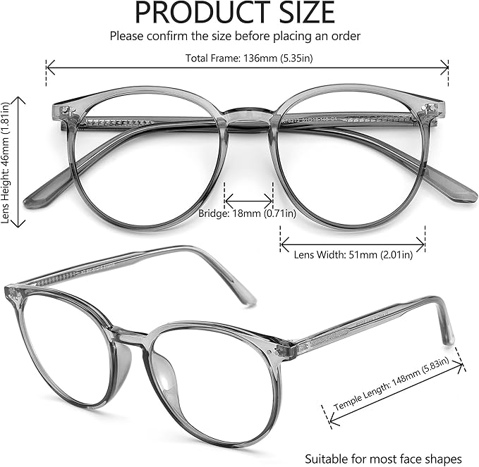 Blue Light Blocking Glasses for Women and Men, Round Frame Computer Gaming Anti Eyestrain & UV Glare RF6213 (Smoke Grey)