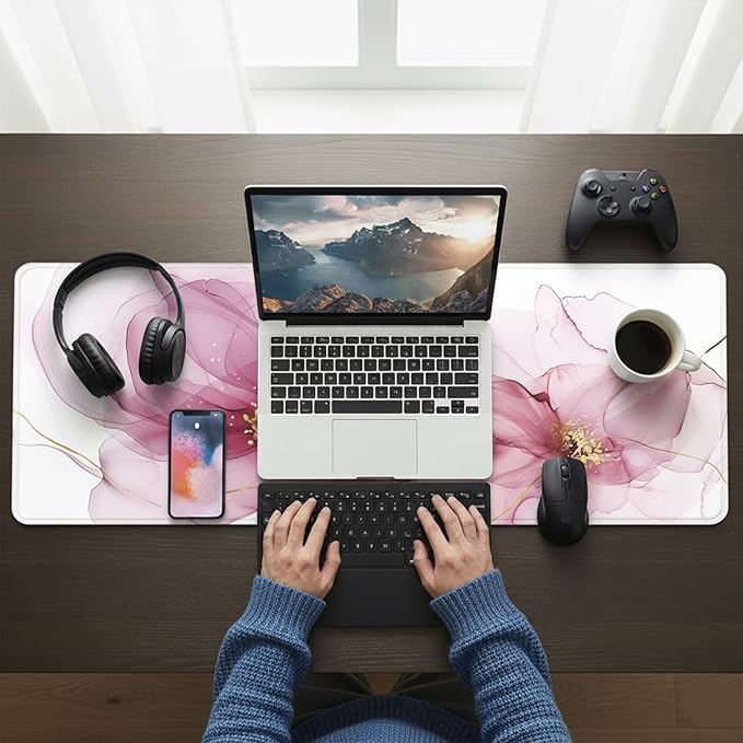 XL Abstract Floral Mousepad (35.4 x 15.7 Inch), Extra Large Pink Fluid Art Desk Mat, Dreamy Rose & Gold Vein Pattern, Waterproof Gaming Keyboard Surface, Aesthetic Table Cover