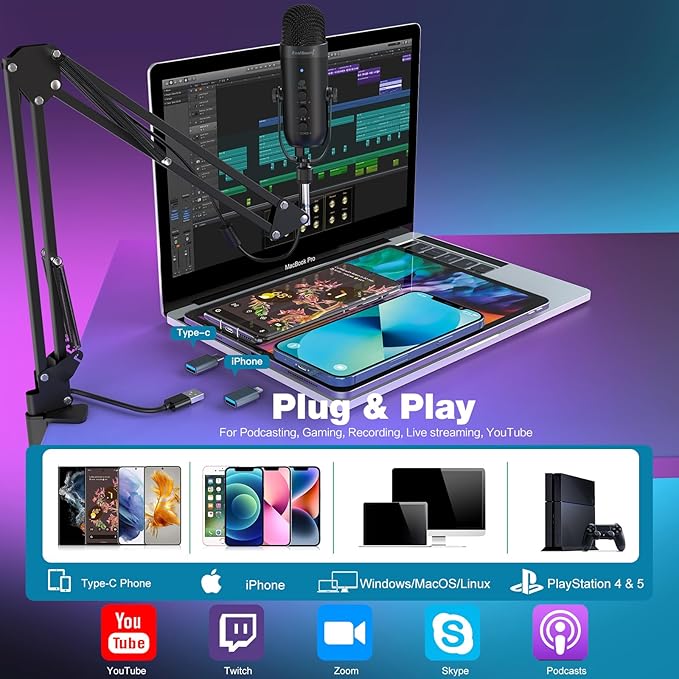 ZealSound Gaming Microphone for PC, USB Podcast Microphone with Noise Reduction, Mute & Gain Control, Zero-Latency Monitoring, Echo Control, Boom Arm, for Mac, iPhone, Stream, YouTube, TikTok, Discord