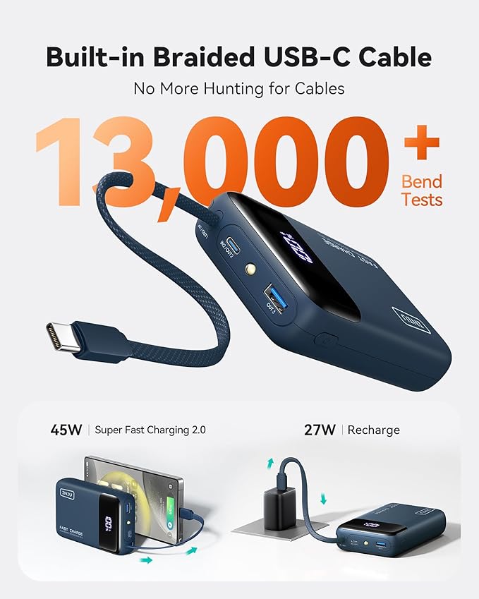 INIU Portable Charger, Small 20000mAh Power Bank with Build in USB-C Cable, 45W Fast Charging Mini Battery Pack, Flight Travel Essentials Phone Charger for College Student Travelers Boys Girls, Blue