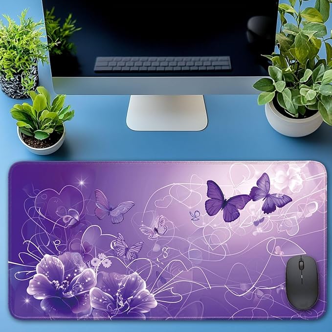 Desk Pad Protector, Office Desk Mat, Large Mouse Pad, Non-Slip Desk Blotter, 23.6x11.8 inch, Purple Butterfly