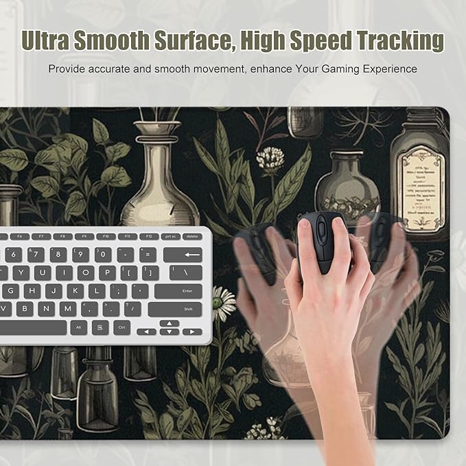 Dark Academia Desk Matt for Desktop, Mouse Pad Mat, Desk Mat for Keyboard and Mouse, Large Mouse Pad for Desk, Anti-Slip Big Mousepad with Stitched Edges, Mouse Mat for Computer, Mystical Green Plant