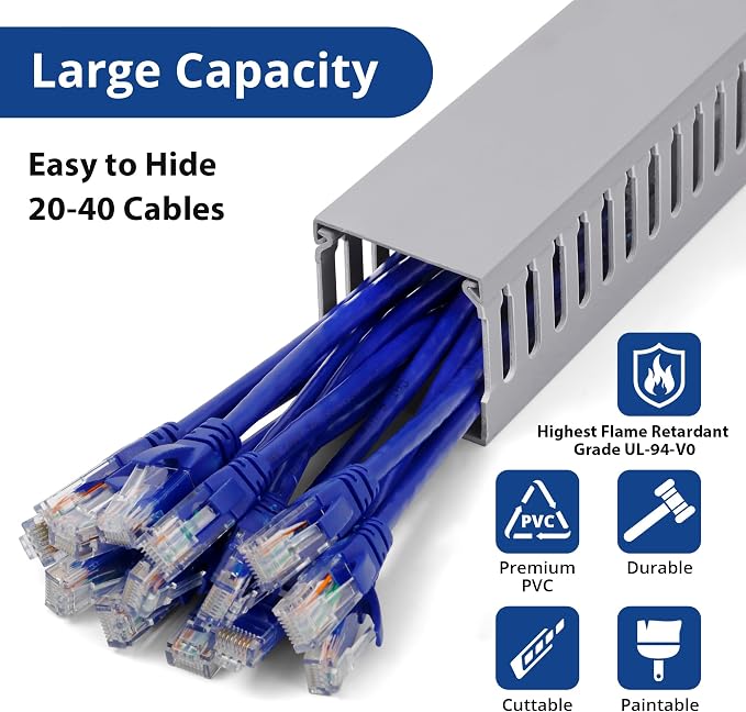 ZhiYo 66in(4X L16.5in) Professional Server Rack Cable Management Raceway, H2in x W2in Cable Raceway Kit, Electrically Safe PVC Open Slot Wire Raceway for Under Desk/Computer/Network Cords, Grey - Image 3