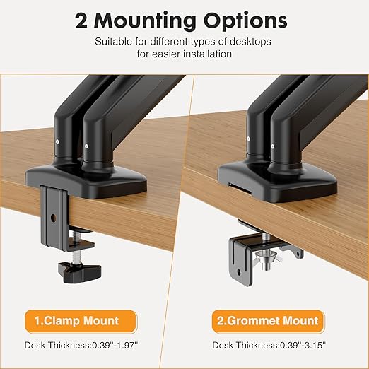 DUMOS Dual Monitor Mount for Desk, Gas Spring Monitor Arm for 2 Monitors Max 32 Inches, Fully Adjustable Double Monitor Mount, VESA Mount with C-Clamp/Grommet Base, Holds Screen 17.6 lbs