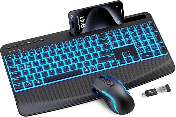 Wireless Keyboard and Mouse Combo, (Upgraded Version) Rechargeable Backlit Ergonomic Keyboard with 4000mAh Battery, Wrist Rest and Phone Holder, Quiet for PC/Mac/Laptop/Windows/Chrome OS - SABLUTE