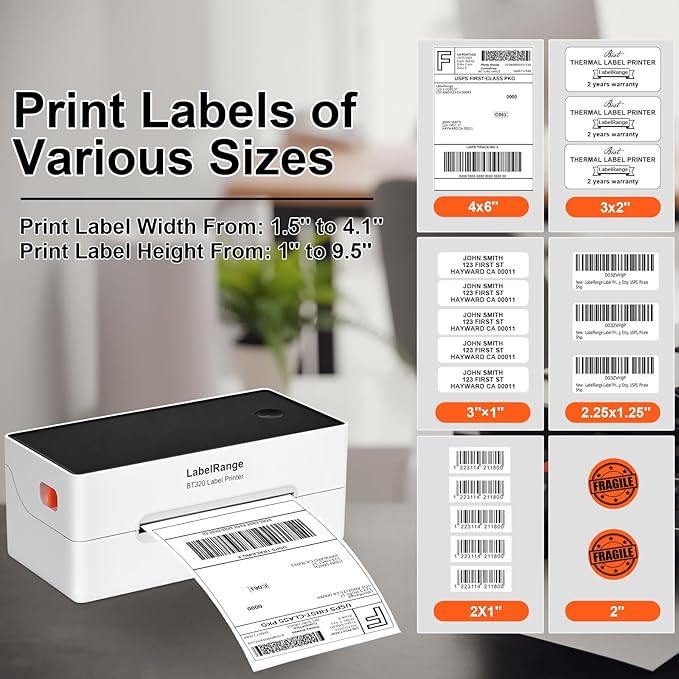 Ecommerce Label Printer 4x6, Thermal Shipping Label Printer, Support Amazon, Ebay, USPS, Pirate Ship, Bluetooth and USB Connection