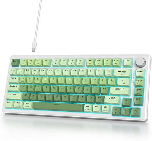 75% Wired Keyboard with Knob, 75 Percent Gaming Green Keyboard Hot Swappable Gasket Mount,White Switch,82 Keys TKL Mechanical Keyboard,NKRO Creamy Keyboard for PC Laptop Windows Gamer(Light green)