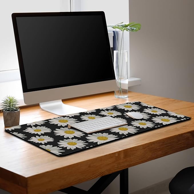 Big Mouse Pad Black Desk Pad Large Gaming Mousepads Pc Mouse Pads Office Items Non-Slip Rubber Base Waterproof with Stitched Edges 35.4 X 15.7 for Game Office, White Daisies