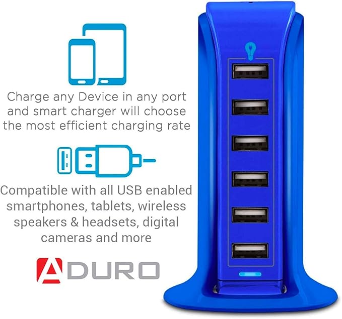 Aduro 40W 6-Port USB Desktop Charging Station Hub Wall Charger for iPhone iPad Tablets Smartphones with Smart Flow (Blue)