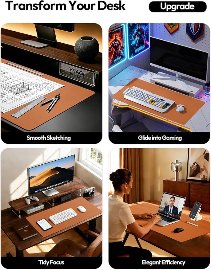 YSAGi Desk Pad Protector, Large Mouse Mat, Non-Slip PU Leather Waterproof Laptop Desk Blotter/ Writing Pad for Office and Home (23.6" x 13.8", Brown)
