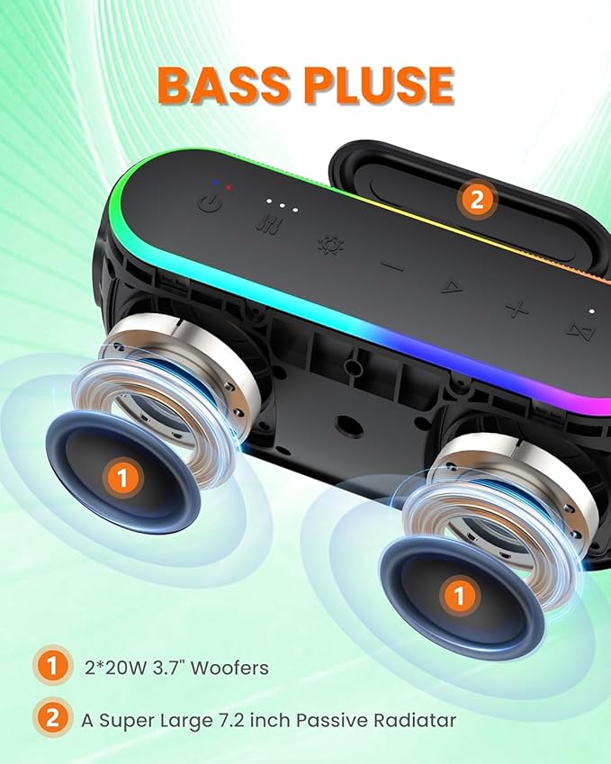 Bluetooth Speaker, Portable Wireless Speakers with Hooks, 40W Deep Bass EQ, IPX6 Waterproof, Bluetooth 5.3 TWS, RGB Lights, 15H Playtime, Built-in Battery for Outdoor Camping Beach (Black)