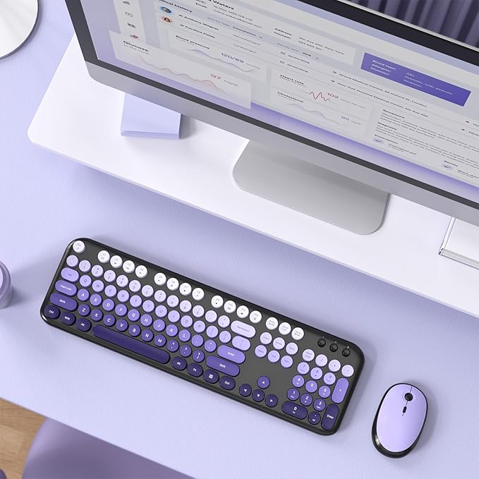 Wireless Keyboard and Mouse, Typewriter Full Size Keyboard with Number Pad and 2 in 1 USB Connected Mouse for Windows 7/8/10, Laptop, Desktop, PC, Computer (Black Purple)