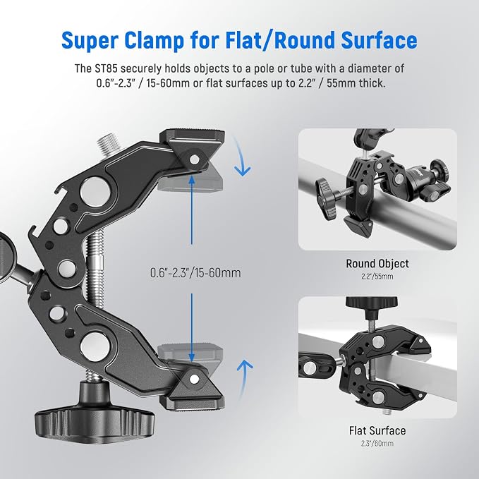 NEEWER Super Clamp with 3" Dual Ballhead Magic Arm, Ball Head Adapter, Cold Shoe, Phone Holder, Action Camera Clamp Mount for Flat/Round Surface Compatible with GoPro DJI iPhone 15 Pro Max, ST85 - Image 2
