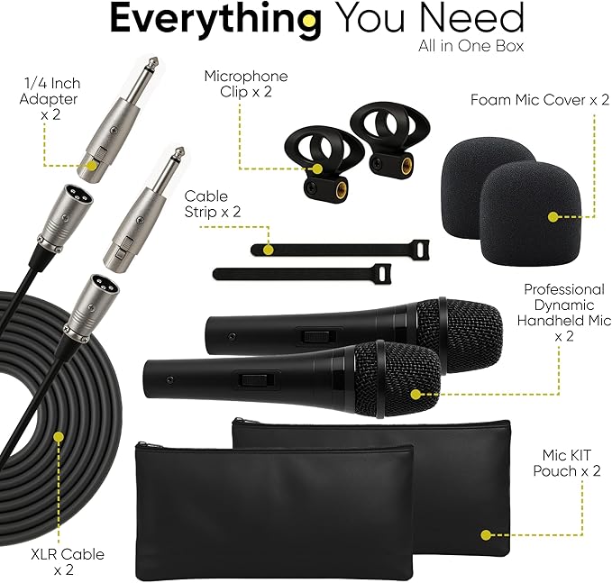 Bowens Dynamic Microphone 2-Pack – Wired Handheld XLR Mics with 15ft Cables, Professional Vocal Microphones for Singing, Karaoke, Podcasting, PA Systems, and Studio Recording Microfono