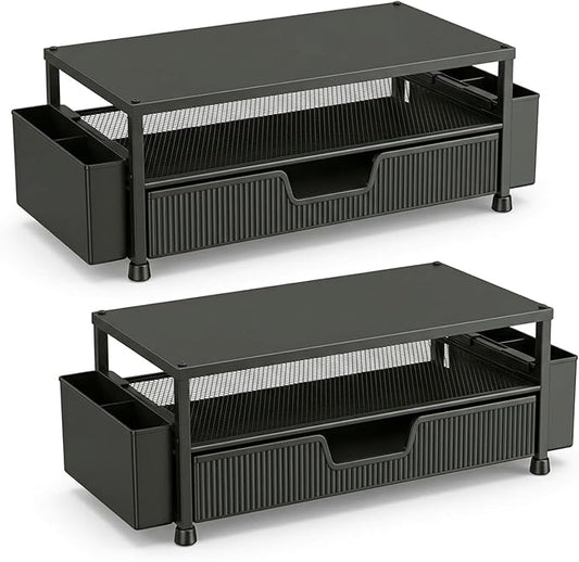 ECOLOVI Desk Organizer and Accessories, 2-Tier Computer Monitor Stand Rise with Storage Drawer & 2 Pen Holders, Laptop & Printer Stand for Desktop, Workspace Organizers for Office Supplies (Black 2-Pack))