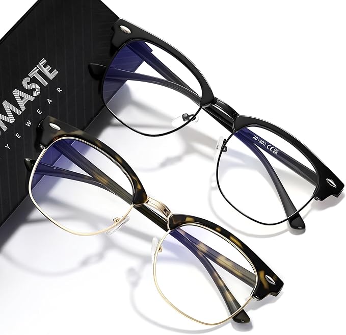 Blue Light Blocking Glasses Vintage Half Frame UV Clear Lens Anti Eyestrain Computer Gaming Glasses for Women Men (G08-Bright Black+green leopard Gold)