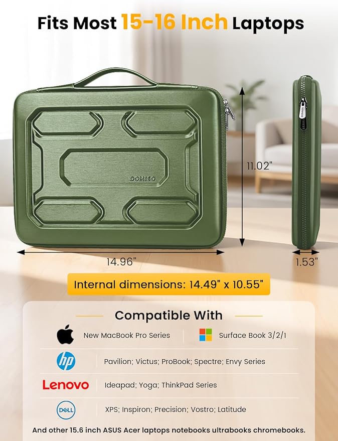 DOMISO Laptop Hard Case 15-16 inch Waterproof Shockproof Hard Shell Laptop Sleeve with Handle & Storage Pocket, Compatible with MacBook, HP, Dell, Green