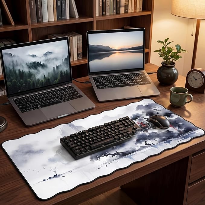 Kingdder Scalloped Ink Landscape Desk Mat Large Chinese Ink Painting Mouse Pad 31.5" x 15.7" Chinoiserie Aesthetic Vintage Nonslip Rubber Base Keyboard Pad for Laptop Computer Dorm Home Office Gaming