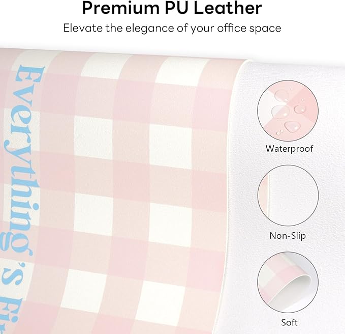Checkered Pattern Desk Pad Protector, 35.5 x 13'' Aesthetic Mouse Mat for Desktop, Waterproof PU Leathe Non-Slip Desk Writing Pad for Office and Home, Light Pink and Blue