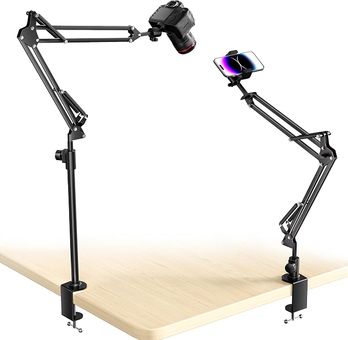 UBeesize Overhead Camera Mount with 360° Adjustable Arm & Phone Holder for TikTok Live Streaming Photography Studio Content Creation, Desk Mount for DSLR Cameras/Webcam/iPhone/Ring Light/Microphone by UBeesize