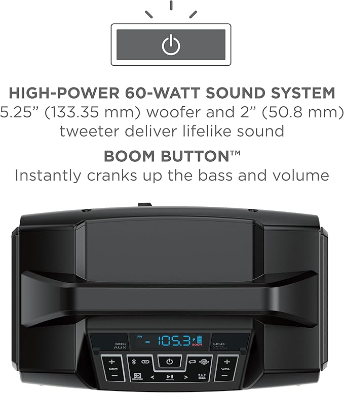 ION Sport Boom - Portable 60W Outdoor Bluetooth Speaker with Microphone, IPX5 Water-Resistant, 15-Hour Battery, FM Radio, USB Port, App