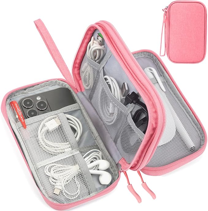 Electronic Accessories Case, Electronics Organizer Pouch Bag, Portable Travel Cable Organizer Case, Tech Storage Bag for Cable, Cord, Charger, Phone, Power Bank, Earphone (Dark Pink, Large)