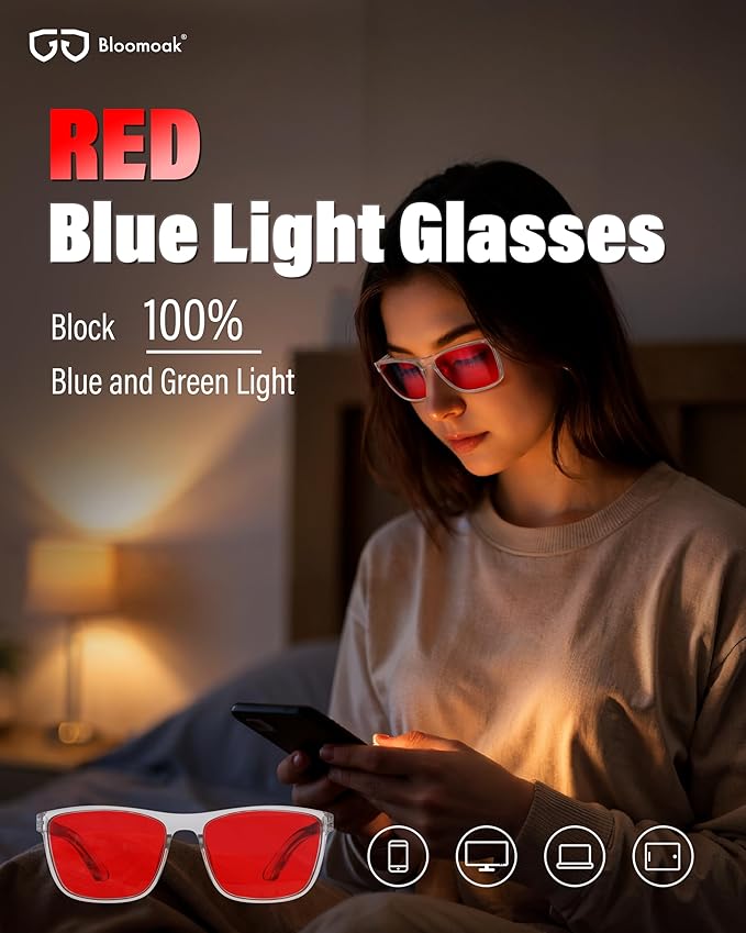 Bloomoak 100% Red Lens Blue Green Light Blocking Glasses- Dual AR Coatings Sleep Glasses Before Bed - Anti Glare, Fatigue