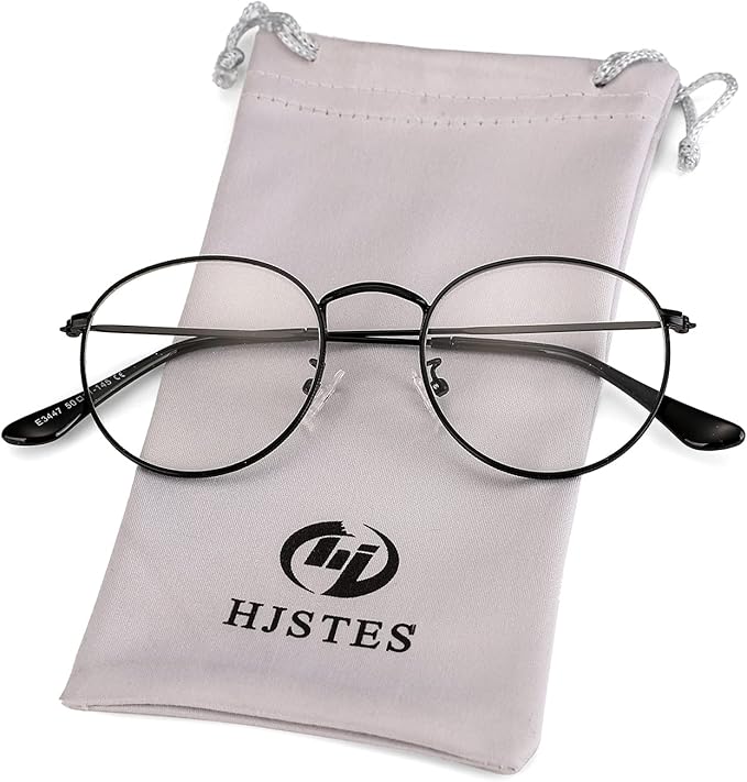 HJSTES Round Blue Light Glasses for Women Men Retro Circle Clear Lens Metal Frame Eyeglasses