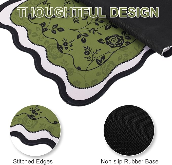 L-SPOUTTO Green Floral Mouse Pad,Aesthetic Desk Mat XXL Large Scalloped Gaming Mousepad,35.4x15.7in Non-Slip Keyboard Pad Waterproof Desktop Mat for Laptop Computer Work Game Office-Vintage Roses