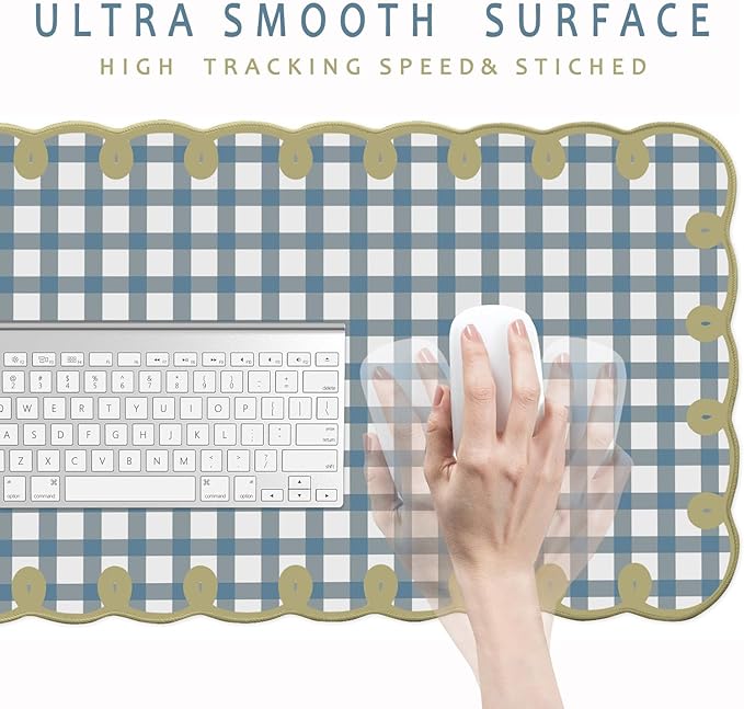 Cute Blue Green Scalloped Desk Mat Checkered Large Mouse Pad Kawaii Vintage Farmhouse-Inspired Cottagecore Office Desk Decor Stitched Nonslip Pad for Computer Keyboard & Mouse 31 * 15.7in