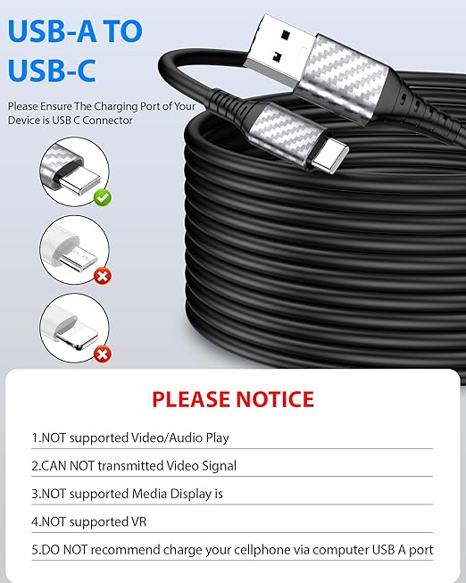 20ft Long USB A to USB C Cable Heavy-Duty for 10W 12W 18W 20W USBA Charger Block for Tapo/TP-Link for Xiaomi/Mi for eufy Security Camera Power Bank Cord Type C USB2.0 Data Transfer Charging Wire Black