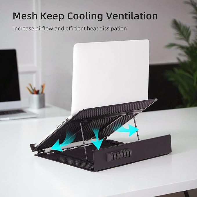 DESIGNA Metal Mesh Ventilated Adjustable Laptop Stands Computer Notebook Holder Stand Riser Compatible with Apple MacBook Air Pro Dell XPS HP Samsung Lenovo More Laptops up to 19"- Black