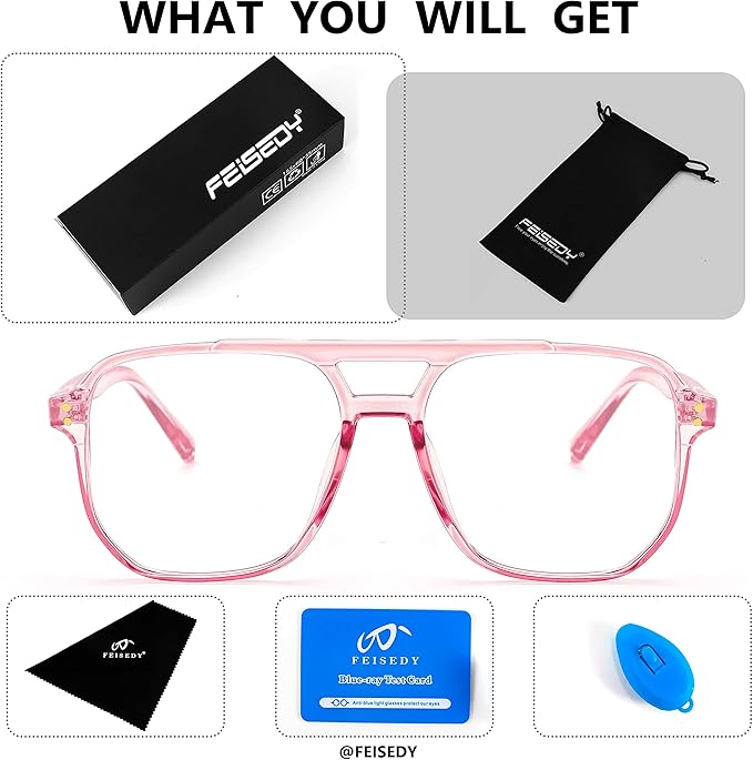 FEISEDY Blue Light Blocking Glasses Fake Nerd Clear Square Computer Lightweight Pilot Glasses Frame Oversized B2866