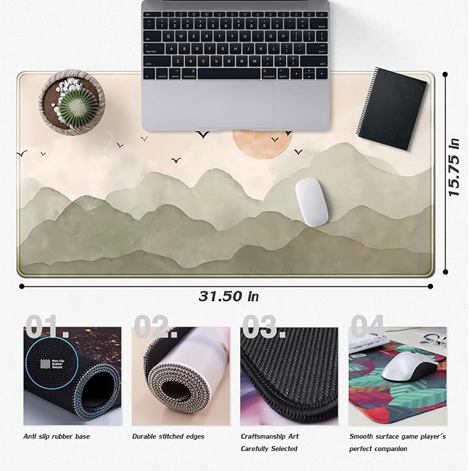 Nature Desk Mat 31.5''X15.7'' Large Mouse Pad Cute Boho Sage Green Beige Desk Pad Minimalist Extended Gaming Mousepad XXL Aesthetic Keyboard Mouse Mat for Computer Laptop Office Decor