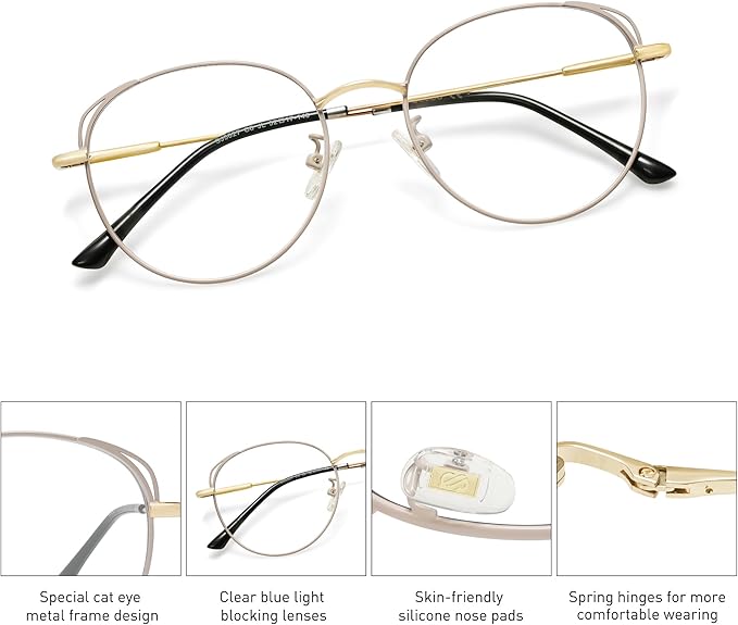 SOJOS Cat Eye Blue Light Blocking Glasses for Woman Hipster Metal Frame Womens Eyeglasses She Young SJ5027