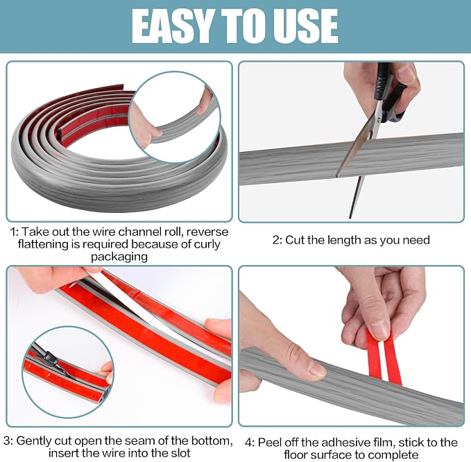 Floor Cord Cover Self Adhesive Cord Hider,10FT Cable Management, Extension Strip Protector for Wires, Prevent Cable Trips for Offices, Gyms, Exhibitions Cavity:0.39"(W) x 0.27"(H) Gray Wood - Image 8