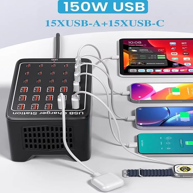150W USB C Charging Station, 30 Port Fast Multi Device Charger (15 USB-C + 15 USB-A) Desktop Charger Hub, Compatible with iPhone Samsung iPad Google Pixel Tablets & Other USB Electronics