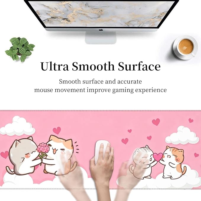 Pink Cat Cute Gaming Mouse Pad Desk Mat for Home and Office, Large Mousepad Extended Keyboard Pad Stitched Edge Accessories Decor