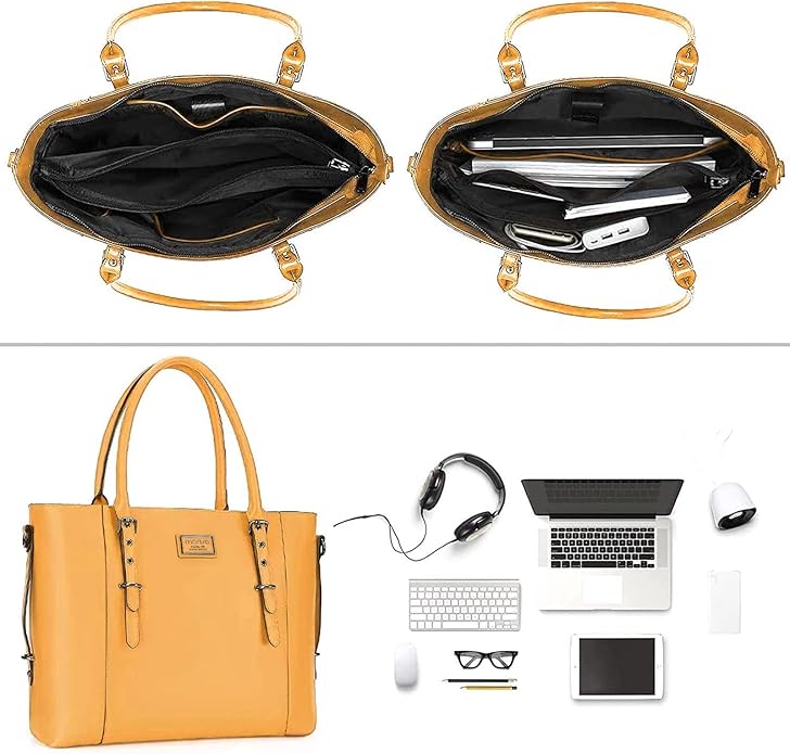 MOSISO Laptop Bag for Women, Waterproof Vintage PU Leather Briefcase Shoulder Computer Laptop Tote Bag for Office Work