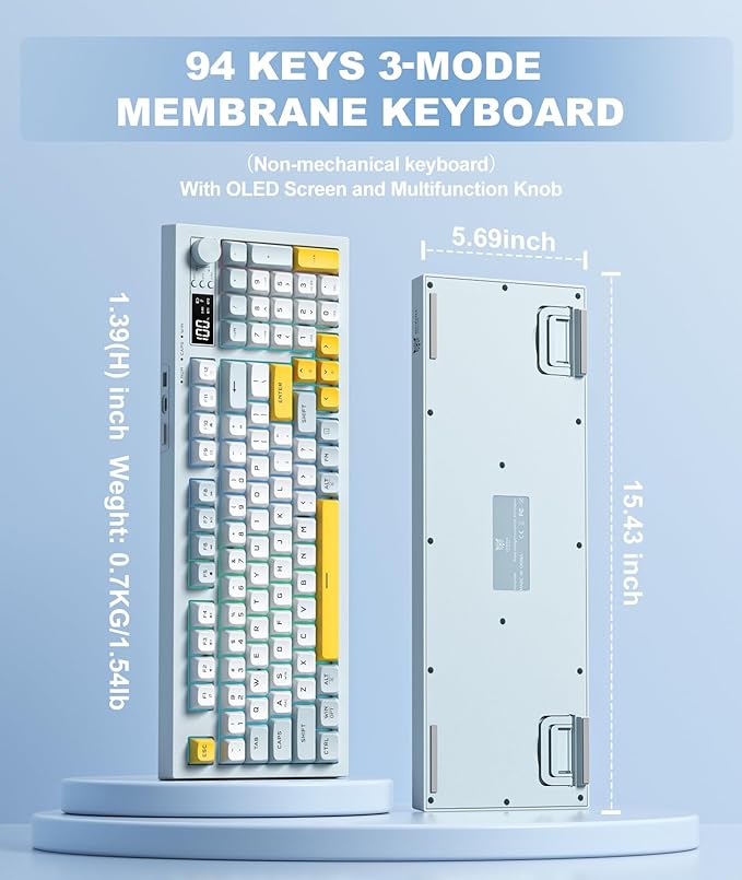 Wireless Keyboard Creamy Membrane with Rainbow Backlight,3-Mode Connectivity (BT/2.4G/USB-C) with LCD Screen & Multifunction Knob,200H Battery, 94 Key PBT Keycaps, Quiet Typing for Office/Home/Gaming