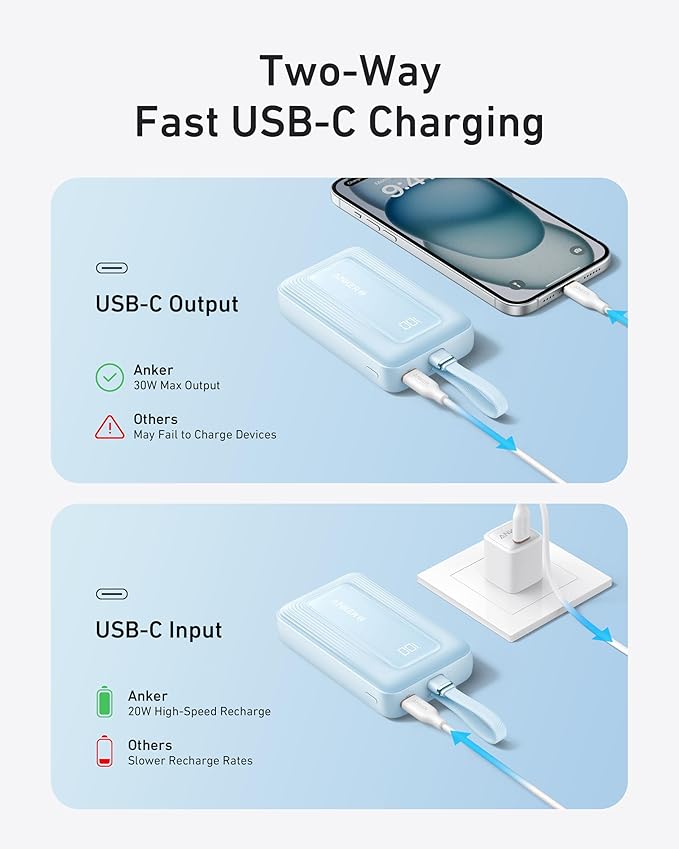 Anker Zolo Power Bank (2025 Upgraded Version), 20,000mAh 30W High-Speed Portable Charger with Built-in USB-C Cable, Battery Pack for iPhone 17/16 / 15 Series, Galaxy, and More