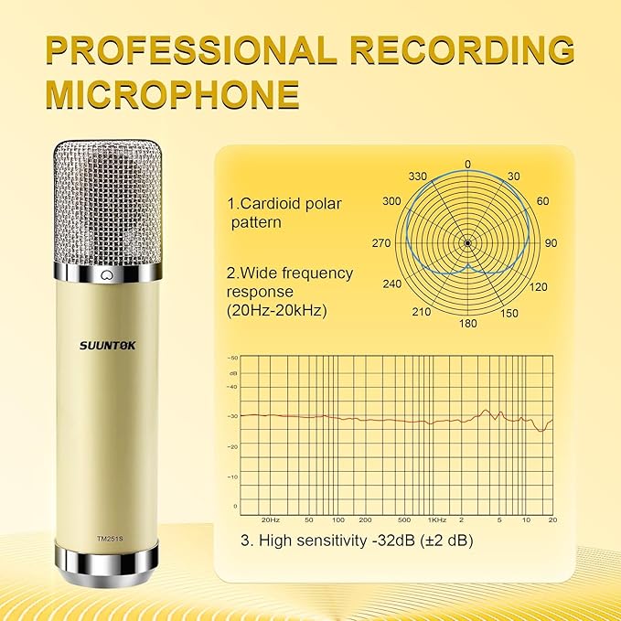 FET Condenser Microphone Professional XLR Studio Microphone with 34mm Large Diaphragm, Cardioid Recording Mic Computer Gaming PC TM251S Mic Kit for Singing, Podcasting, YouTube (Yellow)