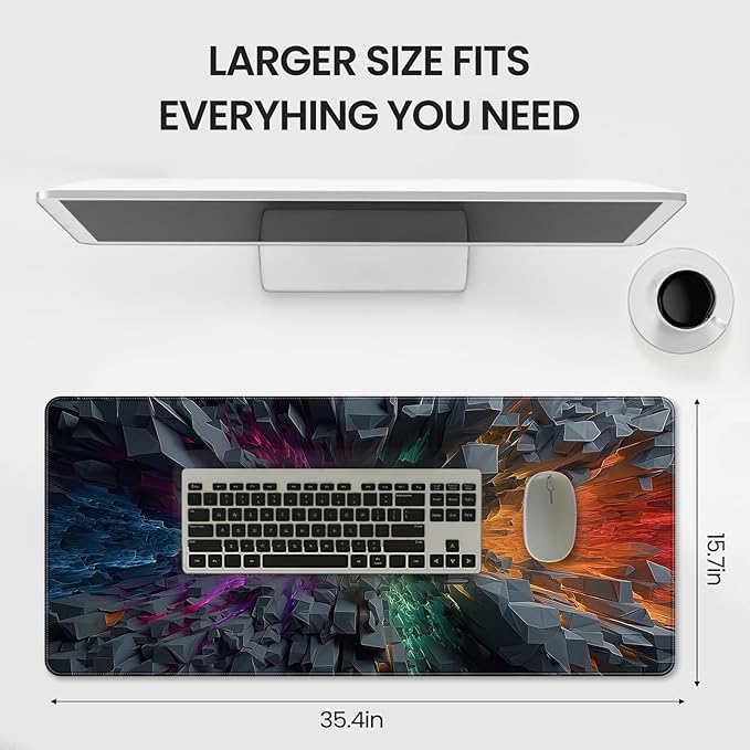 Large Gaming Mouse Pad, Colorful 3D Explosion Pattern, 35.4 x 15.7 Inches, Non-Slip Base, Waterproof, XXL Desk Mat