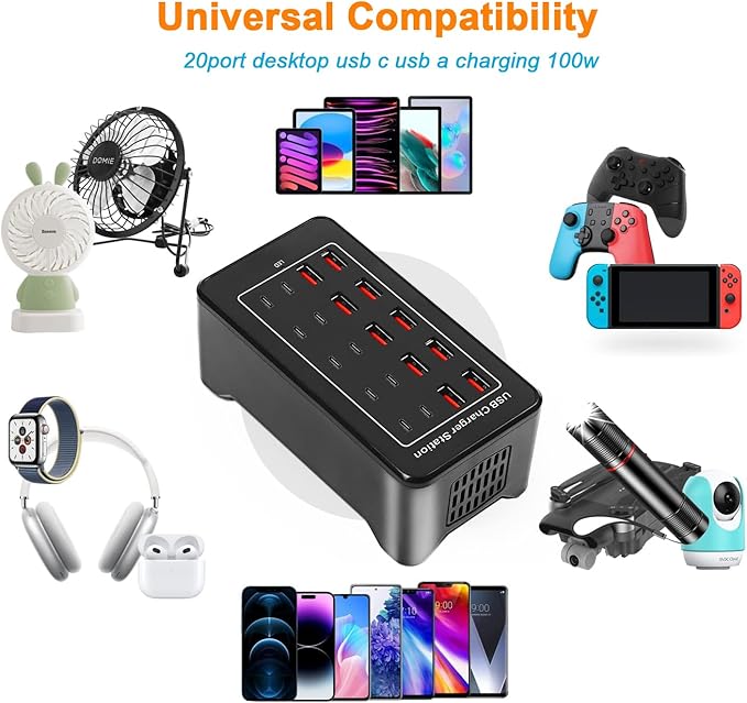 USB Charging Station, USB C Charger Block, 20Port (20A) Multiple Charging Hub Desktop 10 Port USB Charger Compatible for Apple iPhone, iPad, Samsung, Pixel, Cell Phone, Tablets, Office Home Use