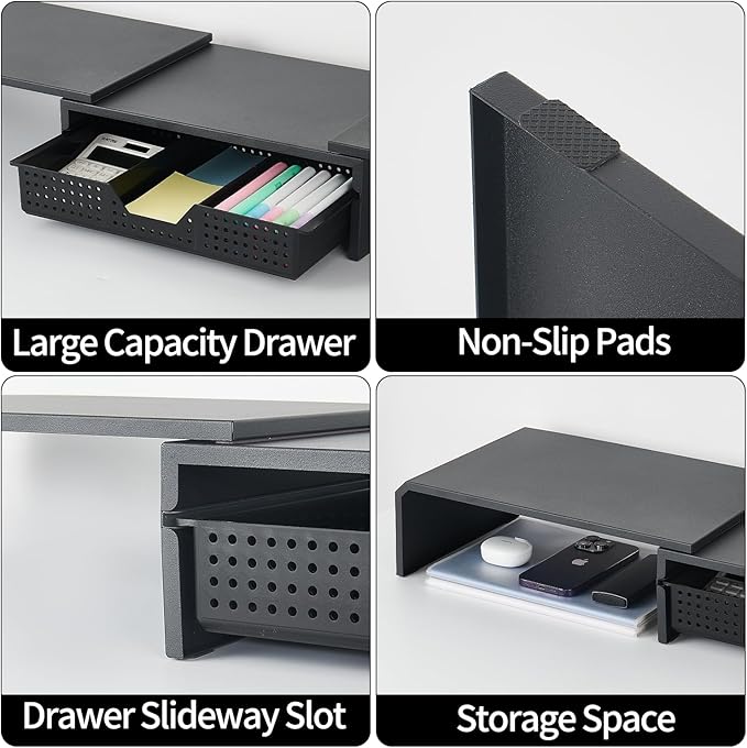 LEKETREE Dual Monitor Stand Riser with Drawer, Computer Stand for Desk, Workspace Desktop Stand, Desk Organizer for Computer, Laptop, TV and More (Black)