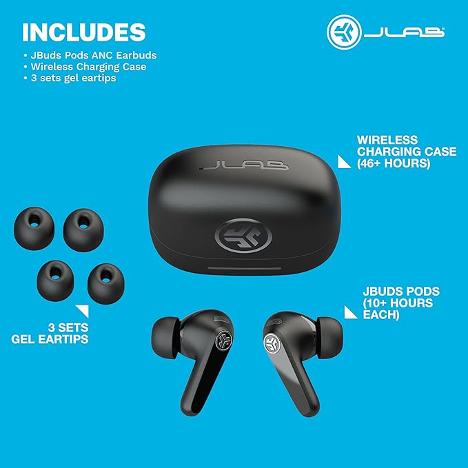 JLab JBuds Pods ANC True Wireless Bluetooth Earbuds, Hybrid Active Noise Canceling, 56+ Hours Playtime, Clear calls, Custom Sound via App, Wireless Charging, Bluetooth Multipoint, Be Aware Mode, Black